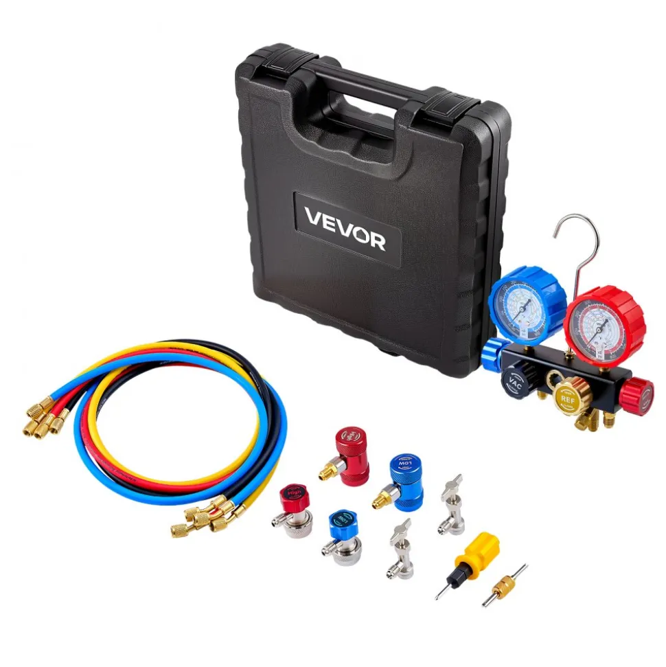 VEVOR AC Manifold Gauge Set for R134a R404A R1234yf R22 Refrigerant, 4 Way AC Gauge with 5 ft Hoses, Adapters, Quick Couplers, Can Taps for Automotive Air Conditioning Maintenance, Charging Evacuation