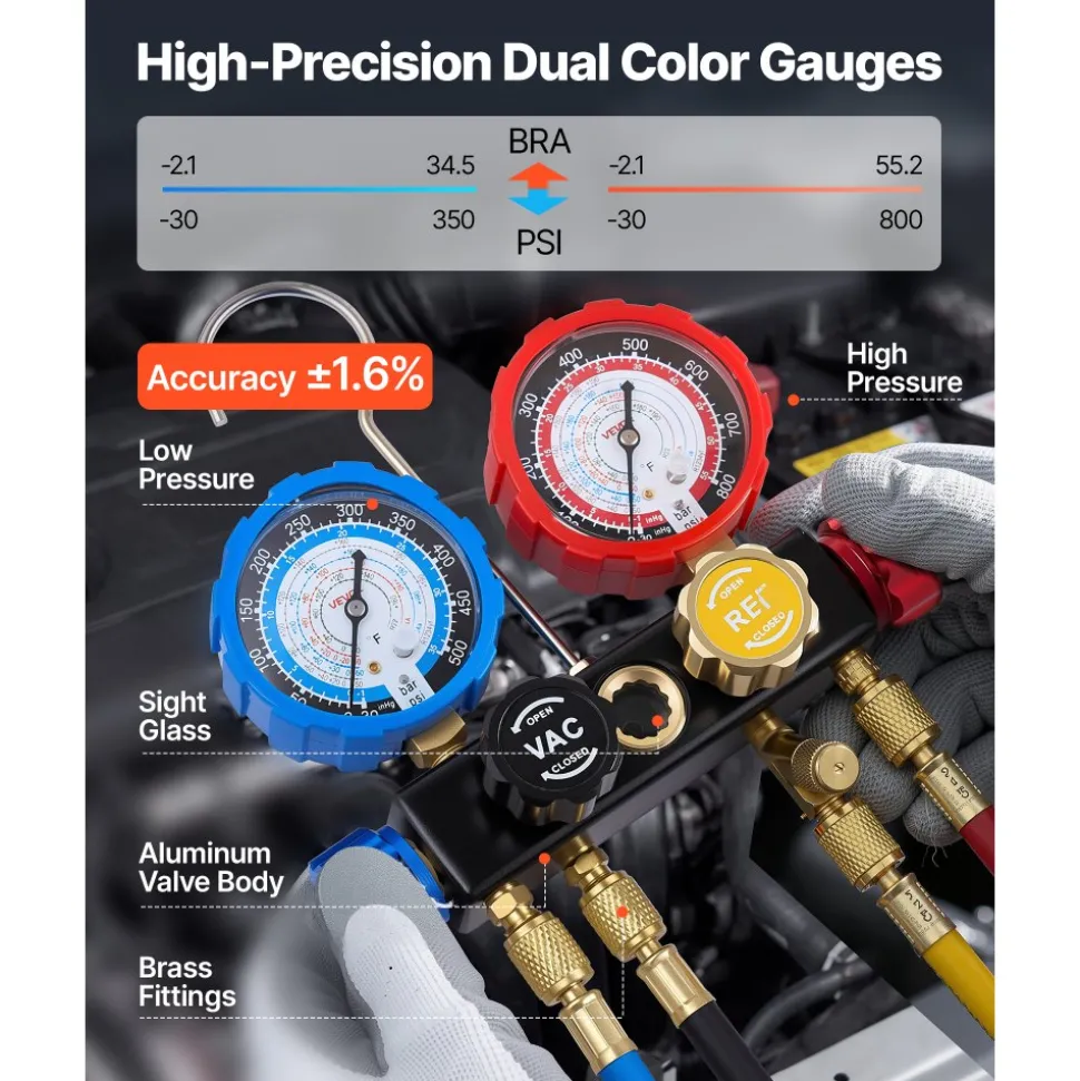 VEVOR AC Manifold Gauge Set for R134a R404A R1234yf R22 Refrigerant, 4 Way AC Gauge with 5 ft Hoses, Adapters, Quick Couplers, Can Taps for Automotive Air Conditioning Maintenance, Charging Evacuation