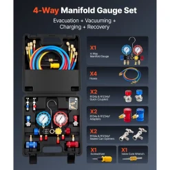 VEVOR AC Manifold Gauge Set for R134a R404A R1234yf R22 Refrigerant, 4 Way AC Gauge with 5 ft Hoses, Adapters, Quick Couplers, Can Taps for Automotive Air Conditioning Maintenance, Charging Evacuation