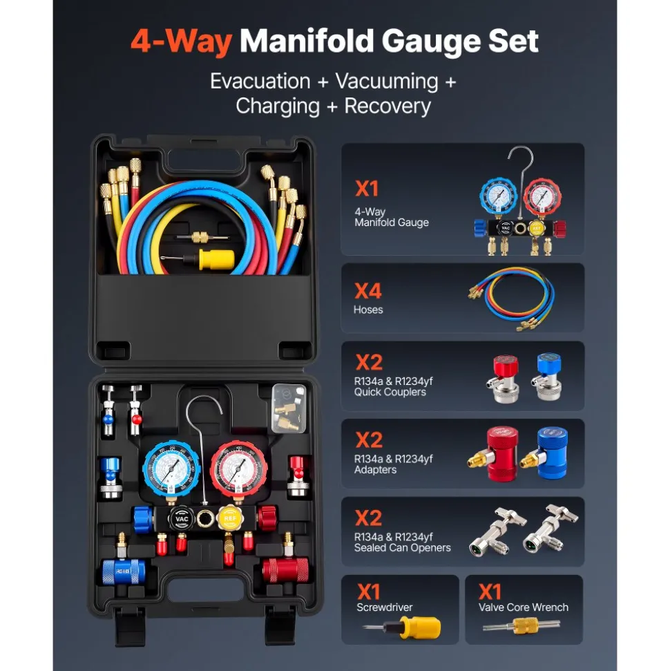 VEVOR AC Manifold Gauge Set for R134a R404A R1234yf R22 Refrigerant, 4 Way AC Gauge with 5 ft Hoses, Adapters, Quick Couplers, Can Taps for Automotive Air Conditioning Maintenance, Charging Evacuation