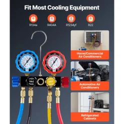 VEVOR AC Manifold Gauge Set for R134a R404A R1234yf R22 Refrigerant, 4 Way AC Gauge with 5 ft Hoses, Adapters, Quick Couplers, Can Taps for Automotive Air Conditioning Maintenance, Charging Evacuation