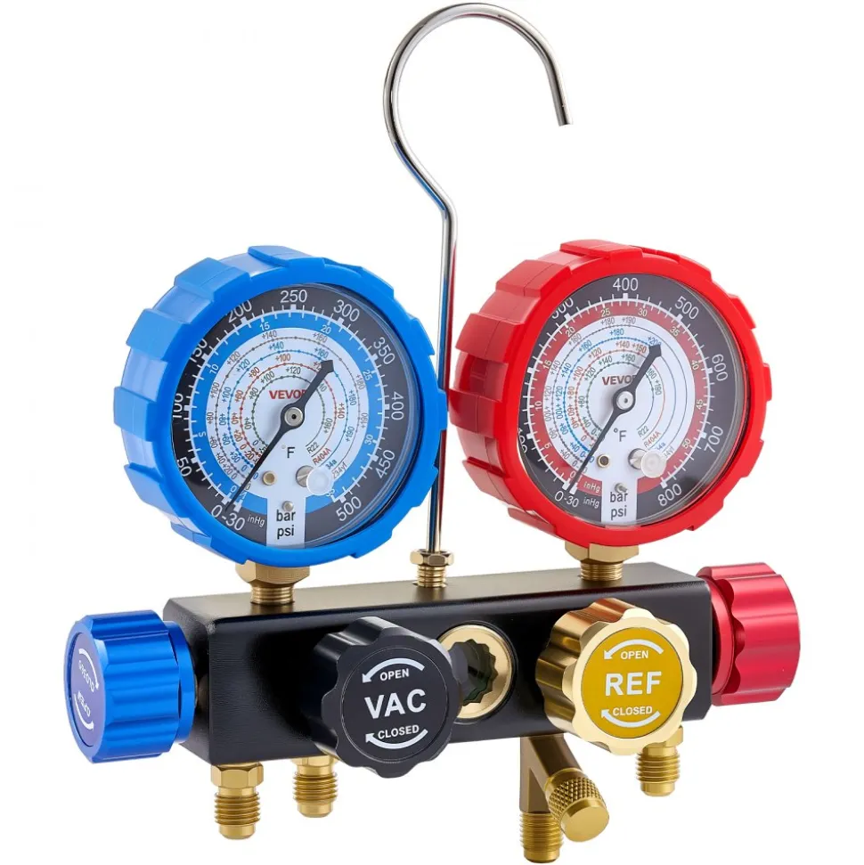 VEVOR AC Manifold Gauge Set for R134a R404A R1234yf R22 Refrigerant, 4 Way AC Gauge with 5 ft Hoses, Adapters, Quick Couplers, Can Taps for Automotive Air Conditioning Maintenance, Charging Evacuation