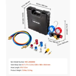 VEVOR AC Manifold Gauge Set for R134a R404A R1234yf R22 Refrigerant, 4 Way AC Gauge with 5 ft Hoses, Adapters, Quick Couplers, Can Taps for Automotive Air Conditioning Maintenance, Charging Evacuation