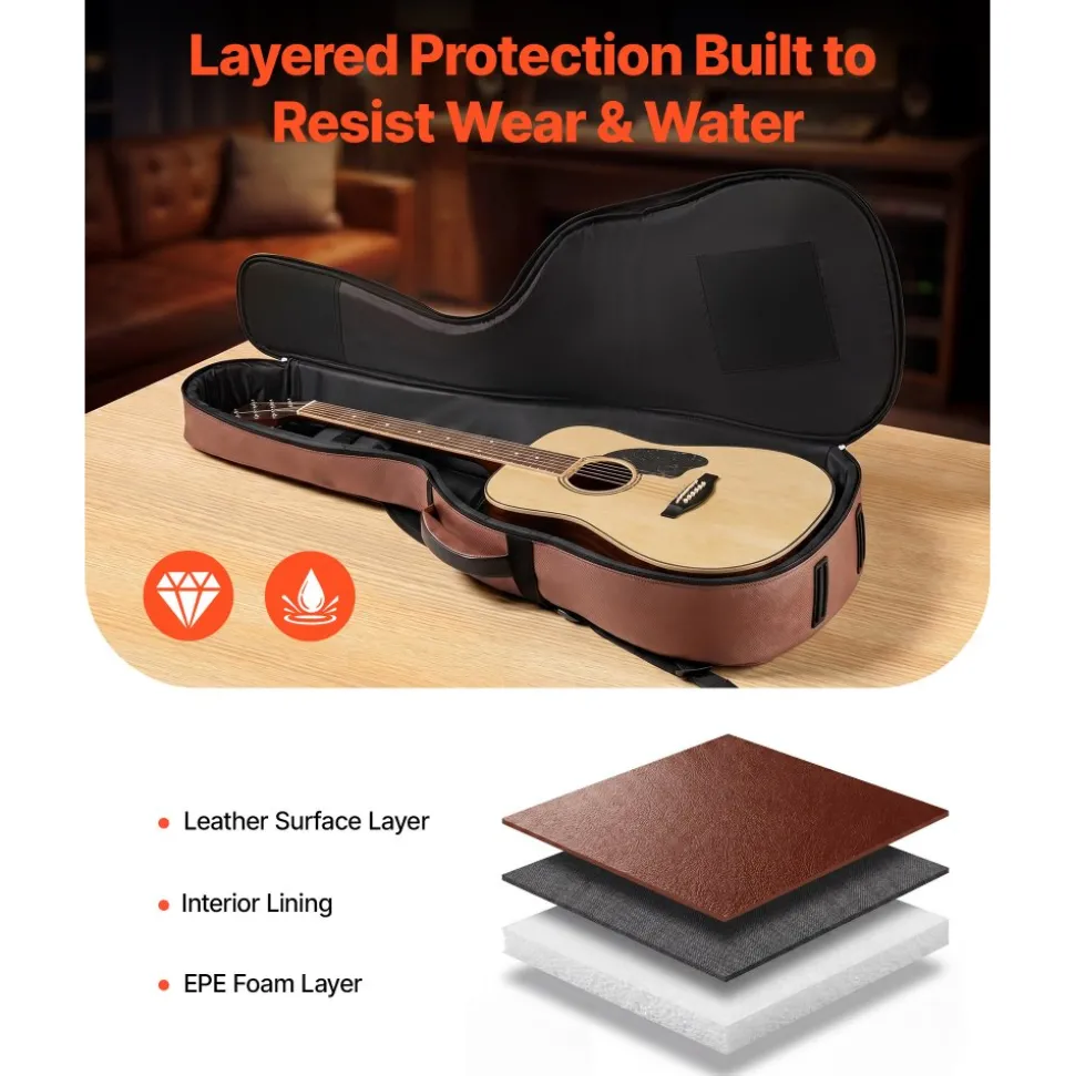 VEVOR Acoustic Guitar Bag , 47.1 Inch, Hard-Shell Protective Travel Carrying Case with Accessory Compartment, Foam Padding, Portable Handle, Shoulder Straps, for 41 Inch Acoustic Guitars, Brown