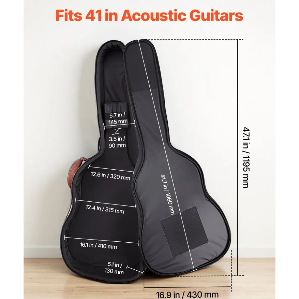 VEVOR Acoustic Guitar Bag , 47.1 Inch, Hard-Shell Protective Travel Carrying Case with Accessory Compartment, Foam Padding, Portable Handle, Shoulder Straps, for 41 Inch Acoustic Guitars, Brown