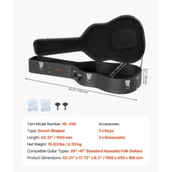 VEVOR Acoustic Guitar Hard Case, 43.31 in Gourd-Shaped Guitar Hard Case, With Lock Latch Key Handle, PVC Padding Soft Lining Water-Resistant Hard Shell Guitar Case, for 39-41 in Acoustic Guitar, Black