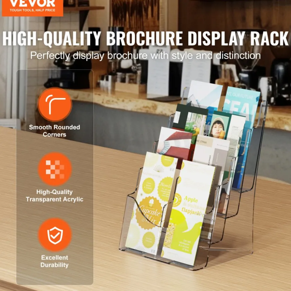VEVOR Acrylic Brochure Holder 8.5 x 11 inch, 4-Tier Clear Acrylic Literature Display Stand, Plastic Literature Organizer Flyer Stand & Removable Divider for Office Exhibition, Countertop or Wall Mount
