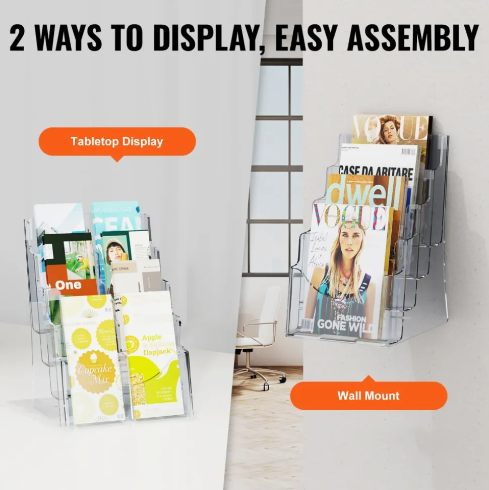 VEVOR Acrylic Brochure Holder 8.5 x 11 inch, 4-Tier Clear Acrylic Literature Display Stand, Plastic Literature Organizer Flyer Stand & Removable Divider for Office Exhibition, Countertop or Wall Mount
