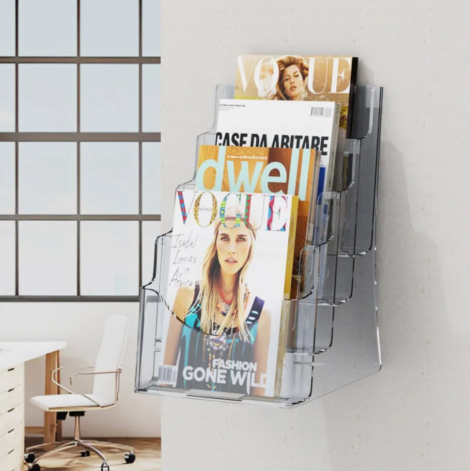 VEVOR Acrylic Brochure Holder 8.5 x 11 inch, 4-Tier Clear Acrylic Literature Display Stand, Plastic Literature Organizer Flyer Stand & Removable Divider for Office Exhibition, Countertop or Wall Mount