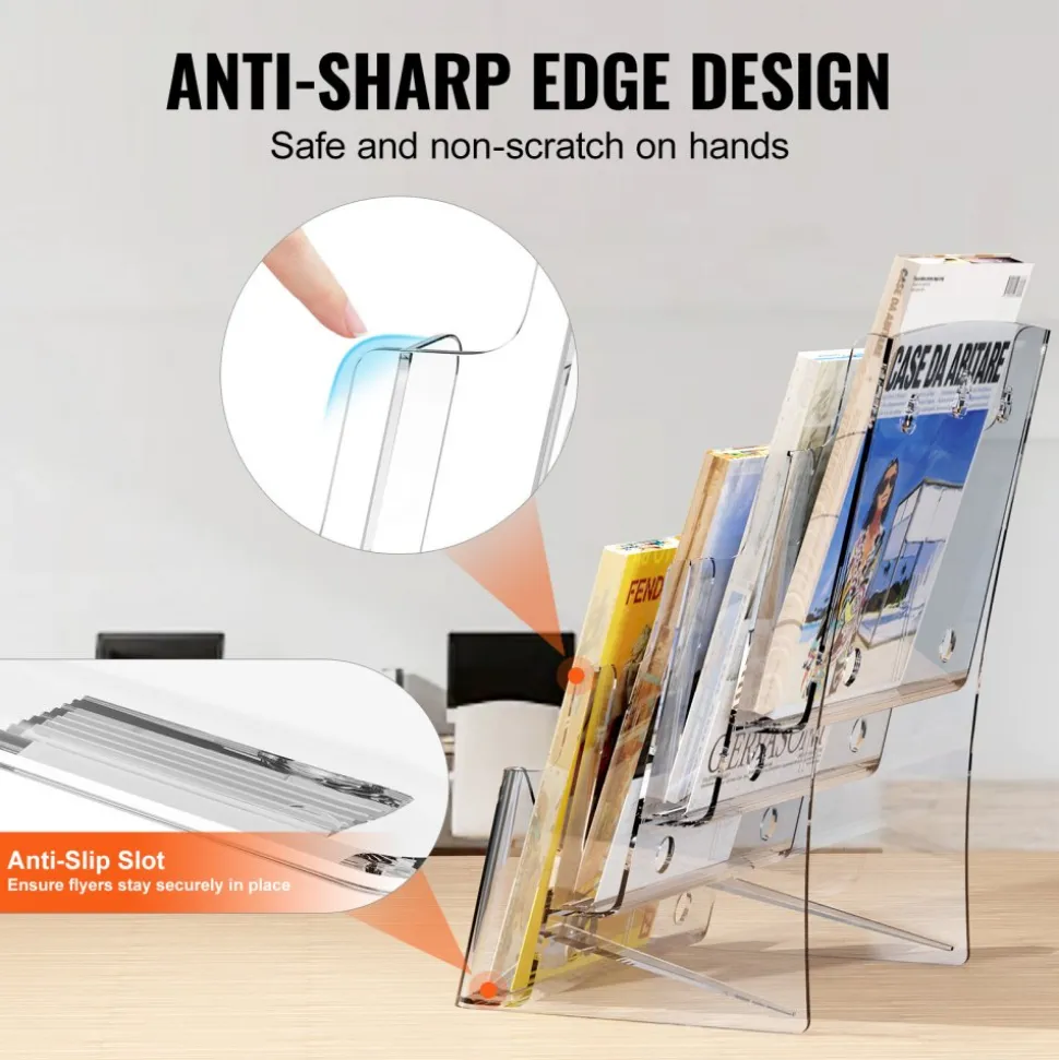 VEVOR Acrylic Brochure Holder 8.5 x 11 inch, 4-Tier Clear Acrylic Literature Display Stand, Plastic Literature Organizer Flyer Stand & Removable Divider for Office Exhibition, Countertop or Wall Mount