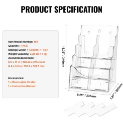 VEVOR Acrylic Brochure Holder 8.5 x 11 inch, 4-Tier Clear Acrylic Literature Display Stand, Plastic Literature Organizer Flyer Stand & Removable Divider for Office Exhibition, Countertop or Wall Mount