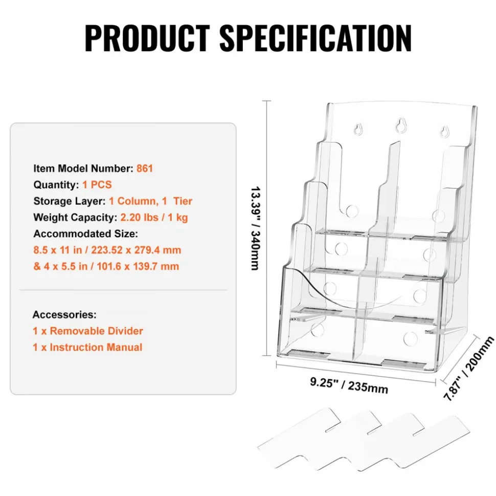 VEVOR Acrylic Brochure Holder 8.5 x 11 inch, 4-Tier Clear Acrylic Literature Display Stand, Plastic Literature Organizer Flyer Stand & Removable Divider for Office Exhibition, Countertop or Wall Mount