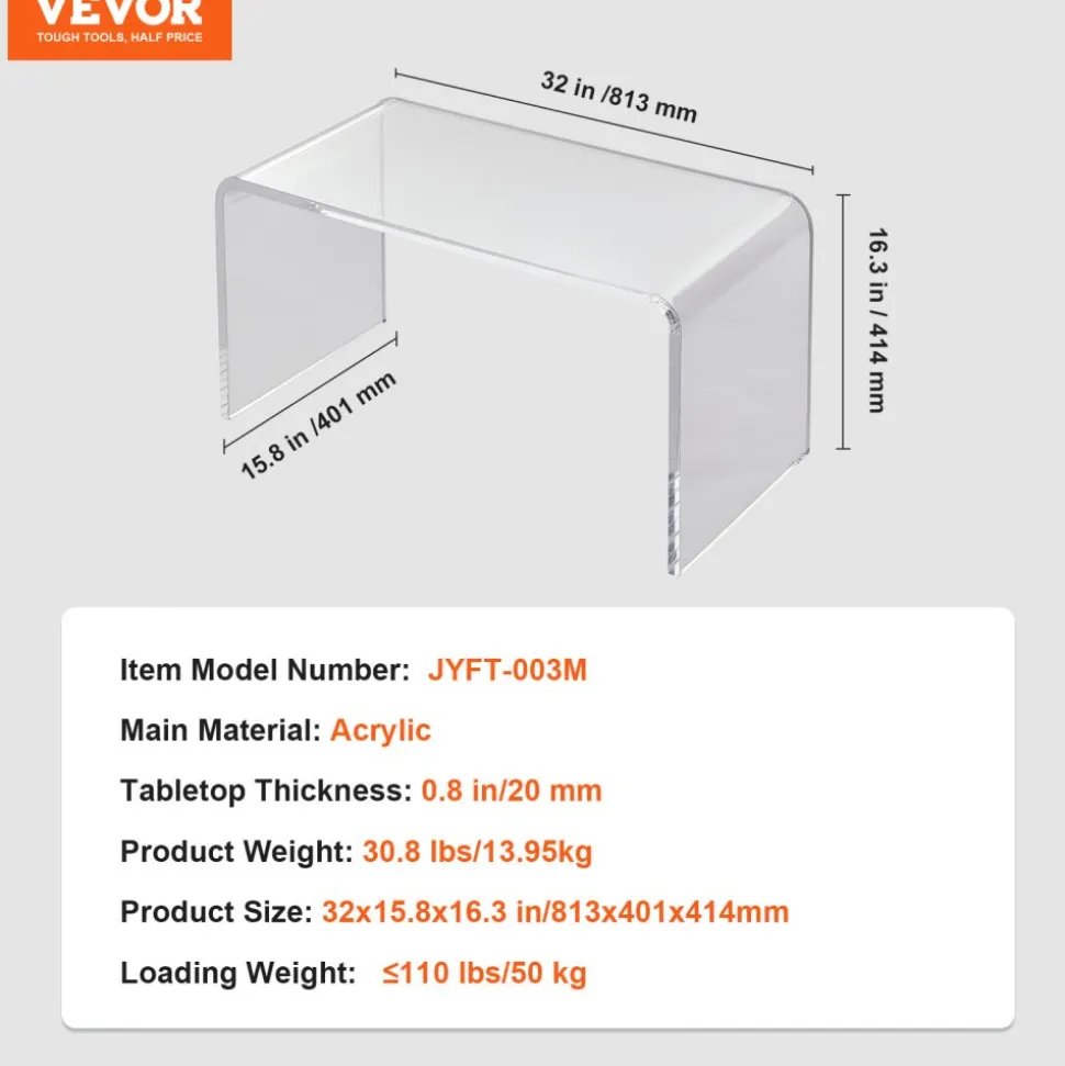 VEVOR Acrylic Coffee Table, C-Shaped Clear Acrylic End Table, 16.3 inch high Transparent Acrylic Side Table, for Coffee, Drink, Food, Snack used in Living Room, Courtyard, Terrace