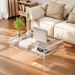 VEVOR Acrylic Coffee Table, 2 Tiers Center Table with Storage Shelf, Modern Rectangle Acrylic Coffee Desk, Ideal for Dining Room, Kitchen Island, Restaurant, Office, 19.7 x 31.5 x 15 in (Clear)