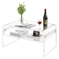VEVOR Acrylic Coffee Table, 2 Tiers Center Table with Storage Shelf, Modern Rectangle Acrylic Coffee Desk, Ideal for Dining Room, Kitchen Island, Restaurant, Office, 19.7 x 31.5 x 15 in (Clear)