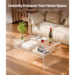 VEVOR Acrylic Coffee Table, 2 Tiers Center Table with Storage Shelf, Modern Rectangle Acrylic Coffee Desk, Ideal for Dining Room, Kitchen Island, Restaurant, Office, 19.7 x 31.5 x 15 in (Clear)