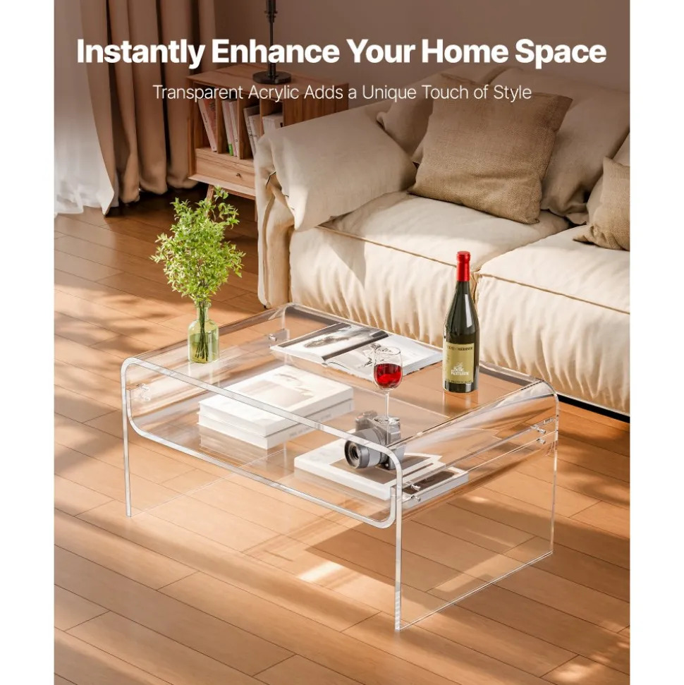VEVOR Acrylic Coffee Table, 2 Tiers Center Table with Storage Shelf, Modern Rectangle Acrylic Coffee Desk, Ideal for Dining Room, Kitchen Island, Restaurant, Office, 19.7 x 31.5 x 15 in (Clear)