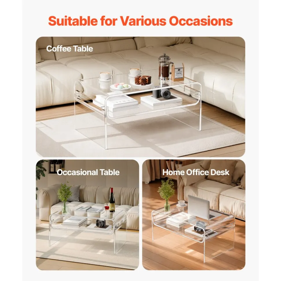 VEVOR Acrylic Coffee Table, 2 Tiers Center Table with Storage Shelf, Modern Rectangle Acrylic Coffee Desk, Ideal for Dining Room, Kitchen Island, Restaurant, Office, 19.7 x 31.5 x 15 in (Clear)