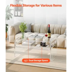 VEVOR Acrylic Coffee Table, 2 Tiers Center Table with Storage Shelf, Modern Rectangle Acrylic Coffee Desk, Ideal for Dining Room, Kitchen Island, Restaurant, Office, 19.7 x 31.5 x 15 in (Clear)