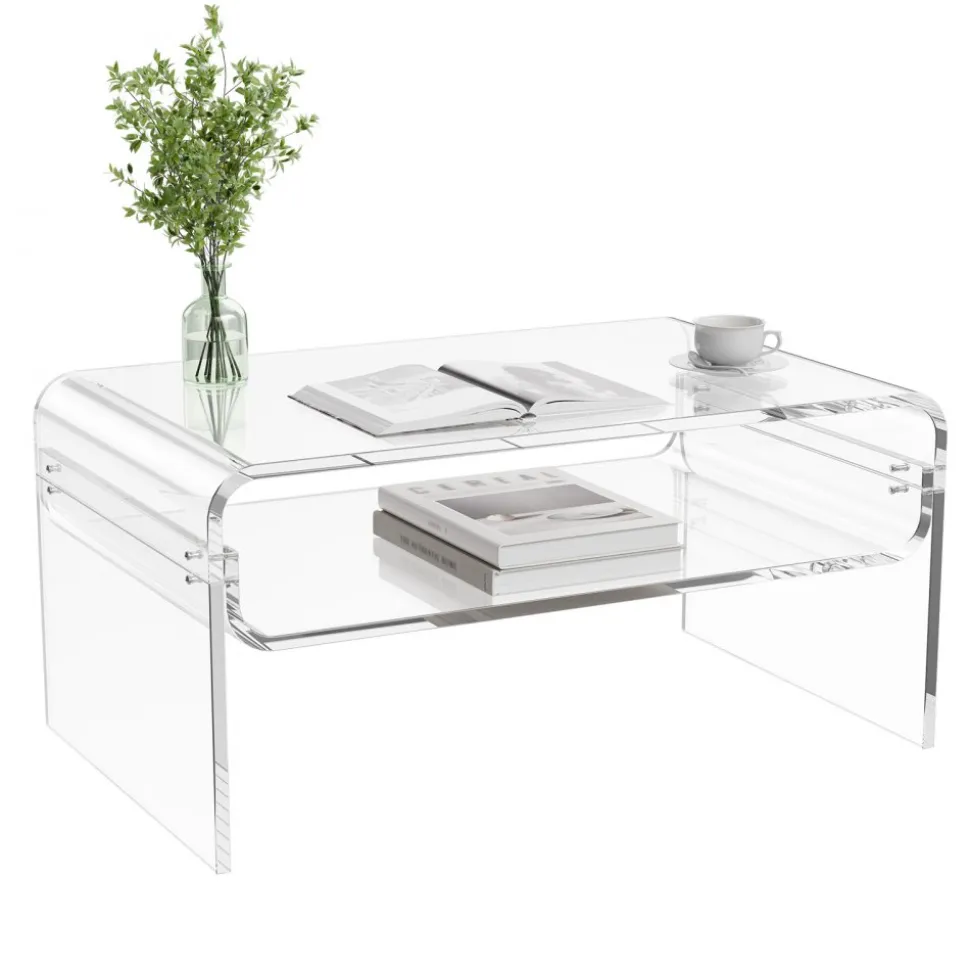 VEVOR Acrylic Coffee Table, 2 Tiers Center Table with Storage Shelf, Modern Rectangle Acrylic Coffee Desk, Ideal for Dining Room, Kitchen Island, Restaurant, Office, 19.7 x 31.5 x 15 in (Clear)