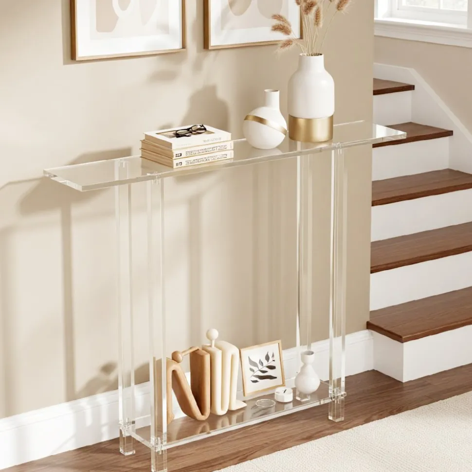 VEVOR Acrylic Console Table, 2 Tiers Narrow Side Desk with Bottom Open Storage, Modern Rectangle Acrylic End Table, Transparent Entry Desk for Foyer, Hallway, Living Room, 7.6 x 39.4 x 31.5 in (Clear)
