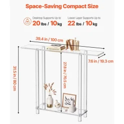 VEVOR Acrylic Console Table, 2 Tiers Narrow Side Desk with Bottom Open Storage, Modern Rectangle Acrylic End Table, Transparent Entry Desk for Foyer, Hallway, Living Room, 7.6 x 39.4 x 31.5 in (Clear)