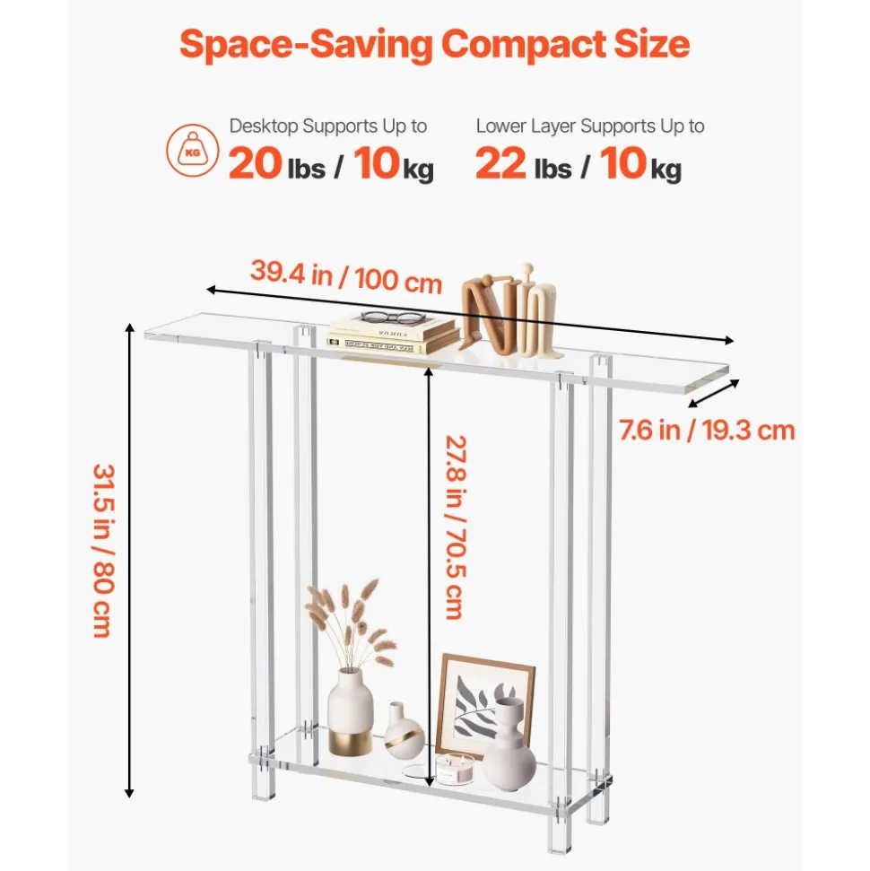 VEVOR Acrylic Console Table, 2 Tiers Narrow Side Desk with Bottom Open Storage, Modern Rectangle Acrylic End Table, Transparent Entry Desk for Foyer, Hallway, Living Room, 7.6 x 39.4 x 31.5 in (Clear)