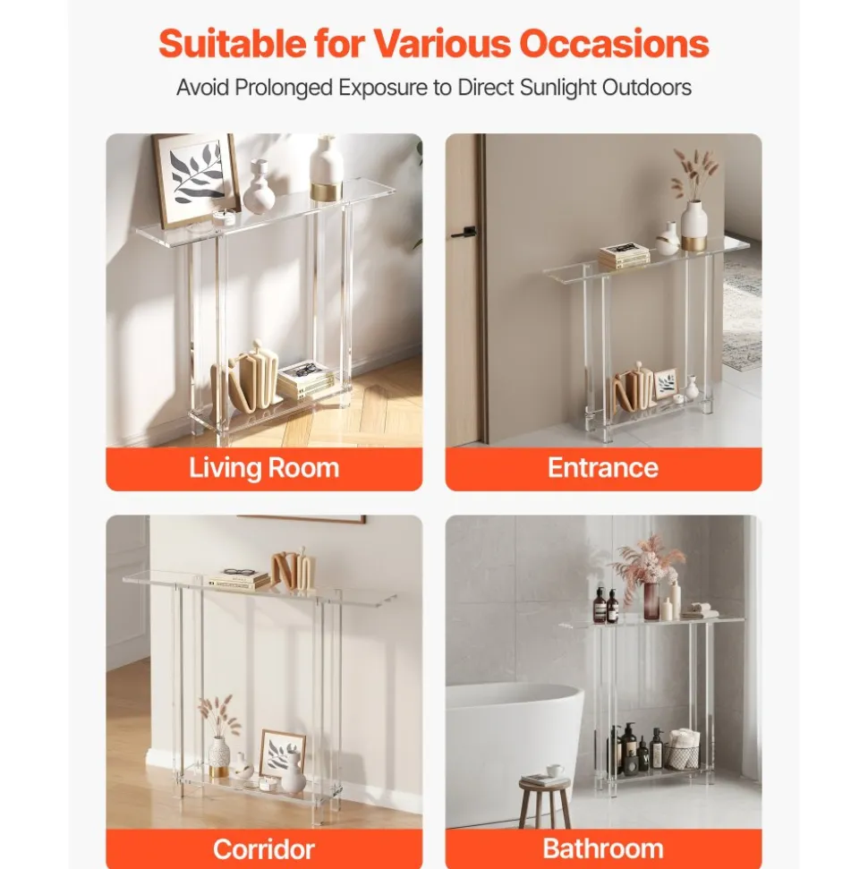 VEVOR Acrylic Console Table, 2 Tiers Narrow Side Desk with Bottom Open Storage, Modern Rectangle Acrylic End Table, Transparent Entry Desk for Foyer, Hallway, Living Room, 7.6 x 39.4 x 31.5 in (Clear)