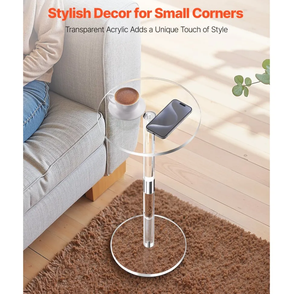 VEVOR Acrylic Drink Table, Clear End Table Round Top with Solid Post, Modern Acrylic Cake Table Stand, Transparent Side Desk for Coffee, Drink, Food, Snack, Easy Assembly, 10 x 10 x 21.3 in (Clear)