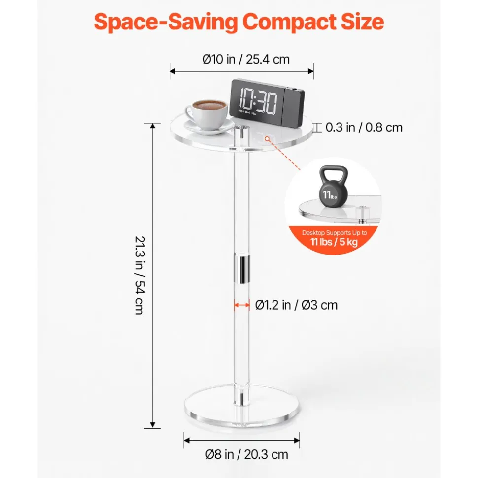 VEVOR Acrylic Drink Table, Clear End Table Round Top with Solid Post, Modern Acrylic Cake Table Stand, Transparent Side Desk for Coffee, Drink, Food, Snack, Easy Assembly, 10 x 10 x 21.3 in (Clear)