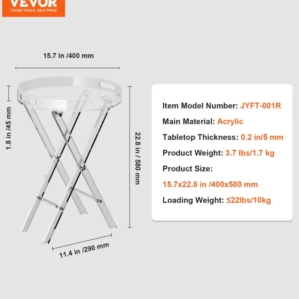 VEVOR Acrylic Folding Tray Table, Acrylic End Table with Folding X Leg, Clear Acrylic Side Table for Coffee, Drink, Food, Snack used in Living Room, Bedroom, and Study