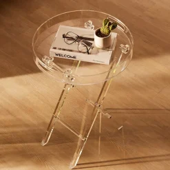 VEVOR Acrylic Folding Tray Table, Acrylic End Table with Folding X Leg, Clear Acrylic Side Table for Coffee, Drink, Food, Snack used in Living Room, Bedroom, and Study
