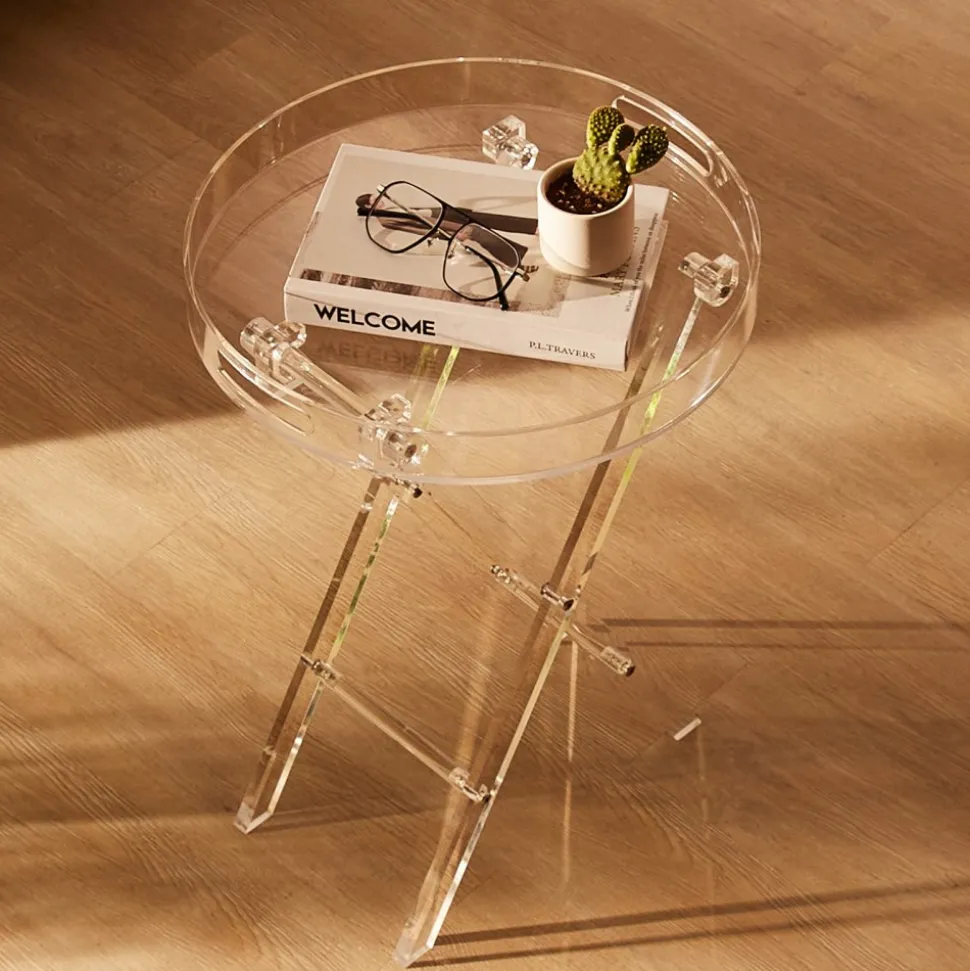 VEVOR Acrylic Folding Tray Table, Acrylic End Table with Folding X Leg, Clear Acrylic Side Table for Coffee, Drink, Food, Snack used in Living Room, Bedroom, and Study