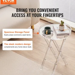 VEVOR Acrylic Folding Tray Table, Acrylic End Table with Folding X Leg, Clear Acrylic Side Table for Coffee, Drink, Food, Snack used in Living Room, Bedroom, and Study
