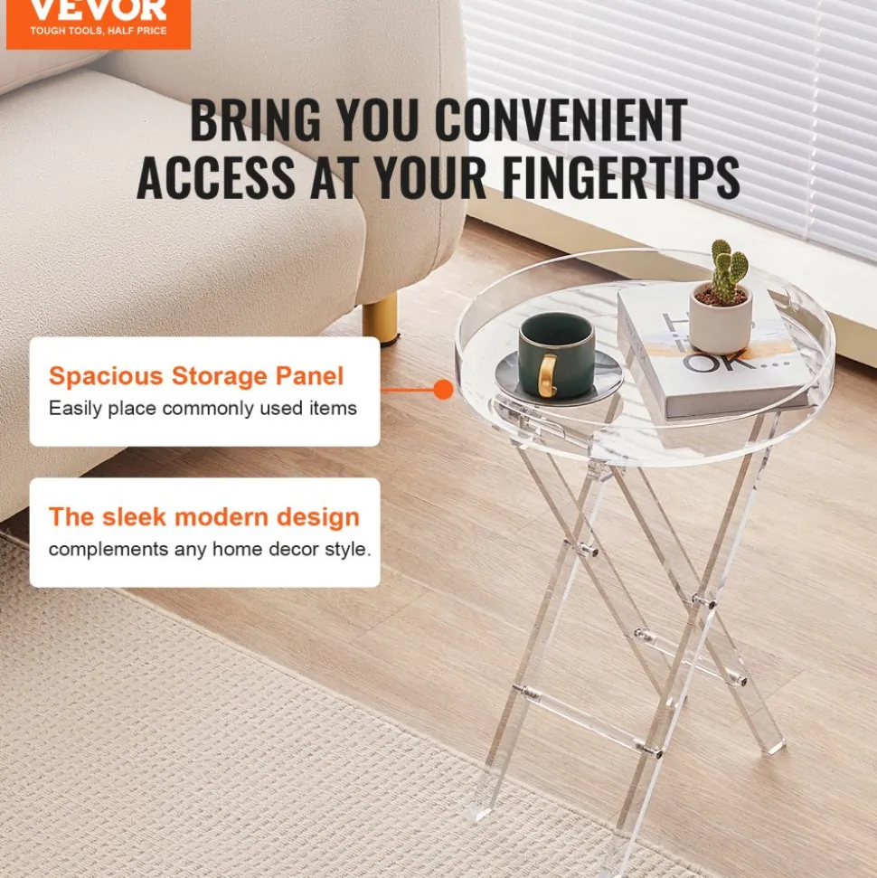 VEVOR Acrylic Folding Tray Table, Acrylic End Table with Folding X Leg, Clear Acrylic Side Table for Coffee, Drink, Food, Snack used in Living Room, Bedroom, and Study