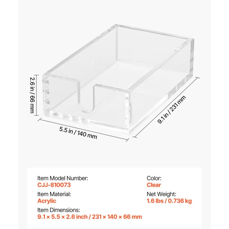 VEVOR Acrylic Napkin Holder, 9.1 x 5.5 x 2.6 inch, Clear Bathroom Guest Towel Storage Tray with U-Shaped Opening, Disposable Paper Towel Holder for Bathroom Kitchen Parties Weddings & Various Events