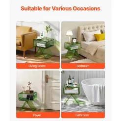 VEVOR Acrylic Nightstand Side Table, Modern Clear Bedside Table with Storage Shelf, Transparent Small End Desk for Living Room, Bedroom, Home Decor, No Assembly Needed, 11.8 x 15.4 x 17 in (Green)