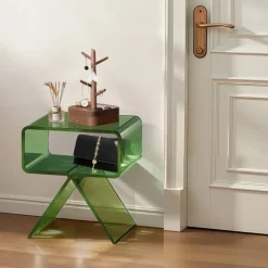 VEVOR Acrylic Nightstand Side Table, Modern Clear Bedside Table with Storage Shelf, Transparent Small End Desk for Living Room, Bedroom, Home Decor, No Assembly Needed, 11.8 x 15.4 x 17 in (Green)