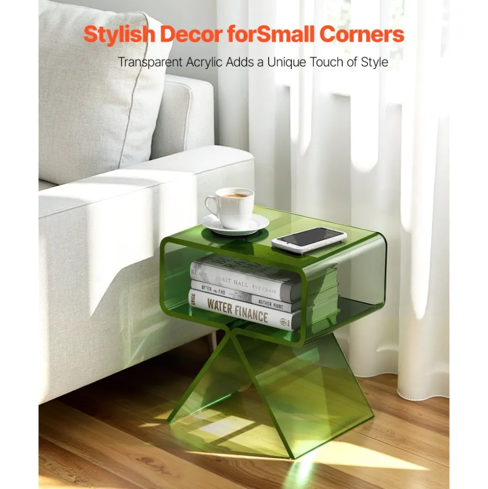 VEVOR Acrylic Nightstand Side Table, Modern Clear Bedside Table with Storage Shelf, Transparent Small End Desk for Living Room, Bedroom, Home Decor, No Assembly Needed, 11.8 x 15.4 x 17 in (Green)
