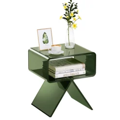 VEVOR Acrylic Nightstand Side Table, Modern Clear Bedside Table with Storage Shelf, Transparent Small End Desk for Living Room, Bedroom, Home Decor, No Assembly Needed, 11.8 x 15.4 x 17 in (Green)