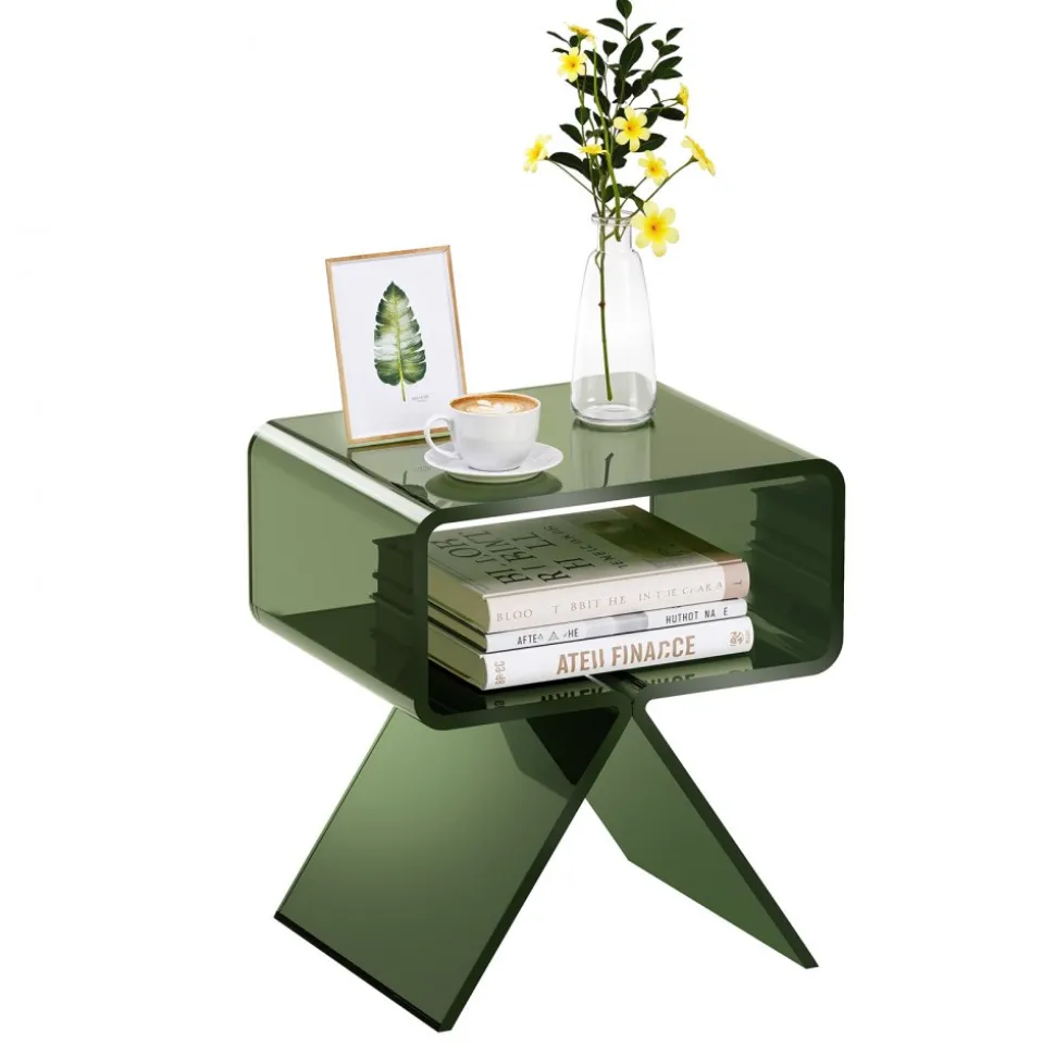 VEVOR Acrylic Nightstand Side Table, Modern Clear Bedside Table with Storage Shelf, Transparent Small End Desk for Living Room, Bedroom, Home Decor, No Assembly Needed, 11.8 x 15.4 x 17 in (Green)