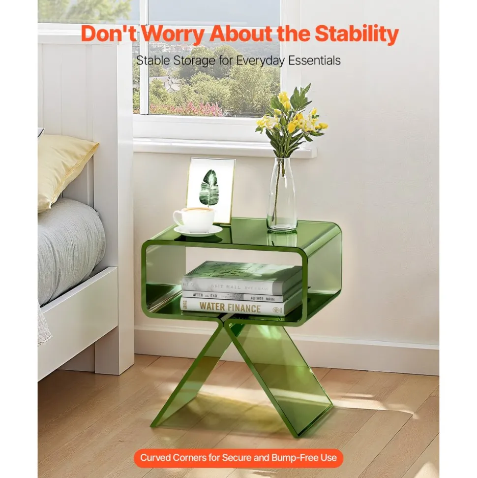 VEVOR Acrylic Nightstand Side Table, Modern Clear Bedside Table with Storage Shelf, Transparent Small End Desk for Living Room, Bedroom, Home Decor, No Assembly Needed, 11.8 x 15.4 x 17 in (Green)