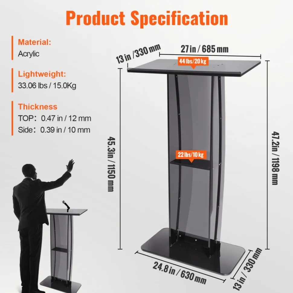 VEVOR Acrylic Podium, 47" Acrylic Podium Stand with Wide Reading Surface & Storage Shelf, Floor-standing Clear Pulpits Acrylic for Church Office School, Black
