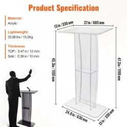 VEVOR Acrylic Podium, 47" Clear Acrylic Podium Stand with Wide Reading Surface & Storage Shelf, Floor-standing Clear Pulpits Acrylic for Church Office School