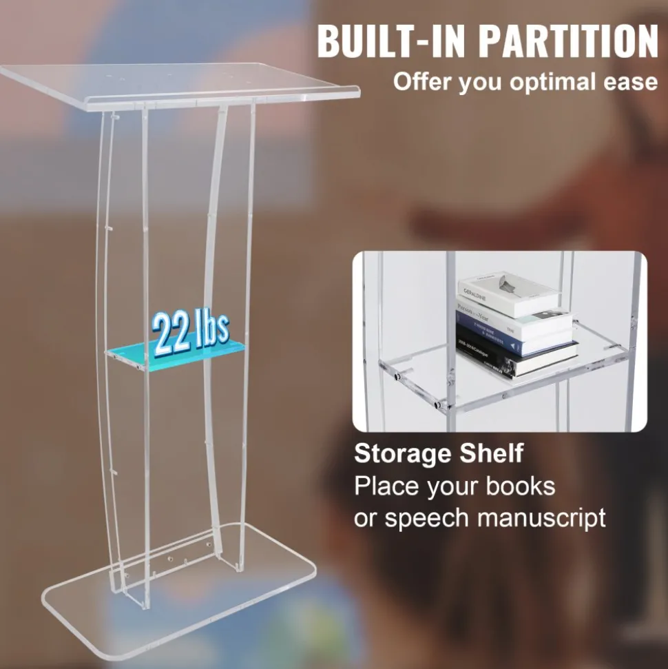 VEVOR Acrylic Podium, 47" Clear Acrylic Podium Stand with Wide Reading Surface & Storage Shelf, Floor-standing Clear Pulpits Acrylic for Church Office School