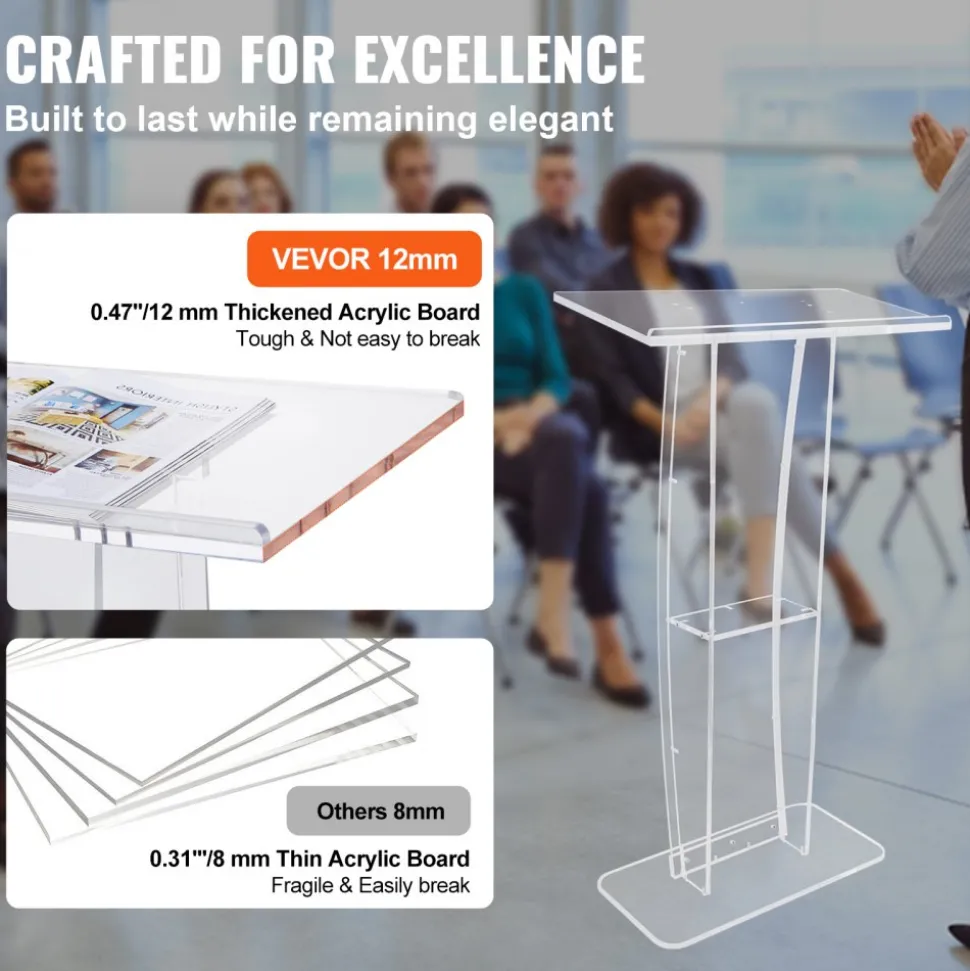 VEVOR Acrylic Podium, 47" Clear Acrylic Podium Stand with Wide Reading Surface & Storage Shelf, Floor-standing Clear Pulpits Acrylic for Church Office School