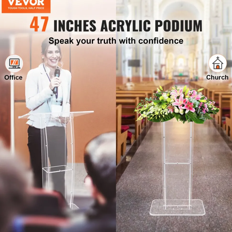 VEVOR Acrylic Podium, 47" Clear Acrylic Podium Stand with Wide Reading Surface & Storage Shelf, Floor-standing Clear Pulpits Acrylic for Church Office School
