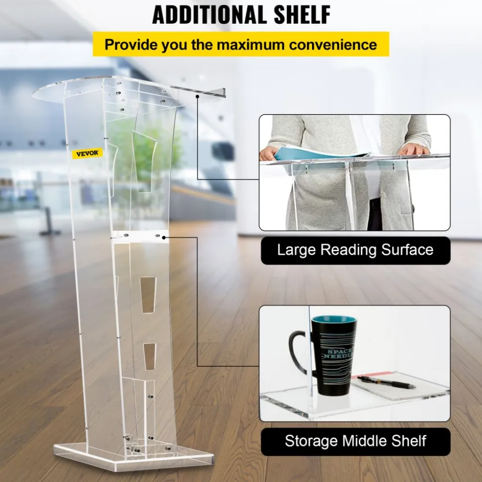VEVOR Acrylic Podium 45" Tall Plexiglass Podium 26.8"x15" Table Acrylic Pulpits for Churches with 8 mm Thick Acrylic Board Acrylic Podiums and Lecterns Design for Lecture Recital Speech & Presentat