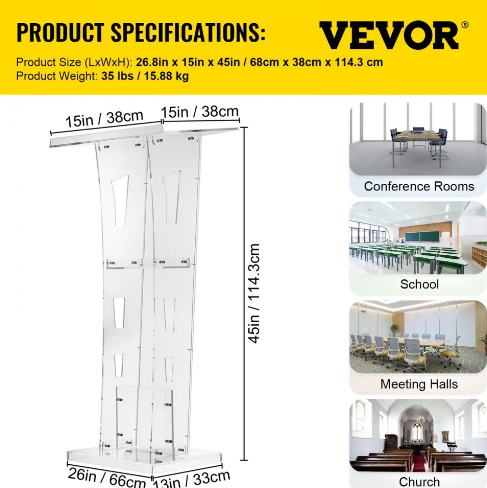 VEVOR Acrylic Podium 45" Tall Plexiglass Podium 26.8"x15" Table Acrylic Pulpits for Churches with 8 mm Thick Acrylic Board Acrylic Podiums and Lecterns Design for Lecture Recital Speech & Presentat
