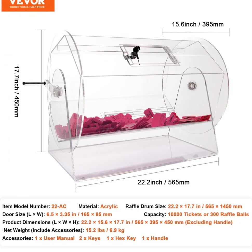 VEVOR Acrylic Raffle Drum,Professional Raffle Ticket Spinning Cage with 2 Keys, Transparent Lottery Spinning Drawing, Holds 10000 Tickets or 300 Raffle Balls, Raffle Ticket Box for Lottery Games Bing